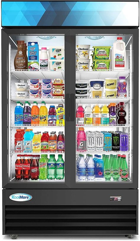 KoolMore - MDR-2GD-35C 45' Commercial Glass 2 Door Display Refrigerator Merchandiser - Upright Beverage Cooler with LED Lighting - 35 Cu. Ft, Black Display Refrigerator, Commercial Display, Door Display, Commercial Refrigerators, Black Everything, Door Displays, Restaurant Equipment, Beverage Cooler, Led Light Strips