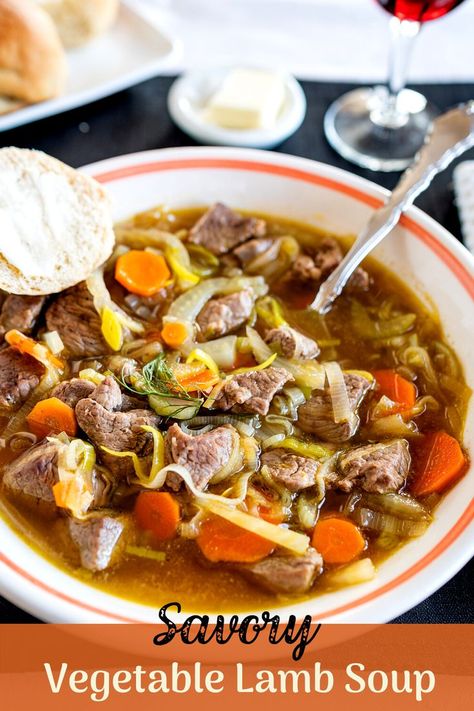 Simple Lamb Soup Recipe makes a great second course or a great meal on a chilly day. Recipes With Lamb, Crockpot Gumbo, Lamb Stock, Lamb Soup, Minced Lamb, Light Soup, Roulade Recipe, Light Soups, Lamb Dishes