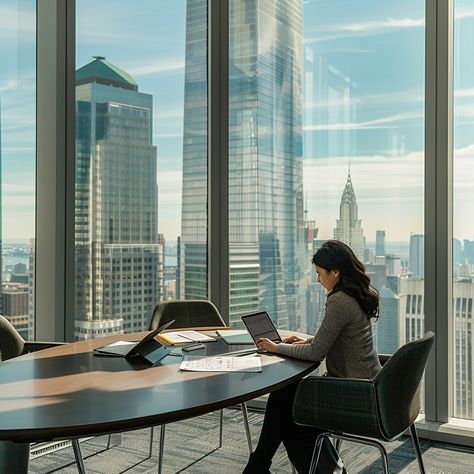 Urban Office Work: A professional woman works diligently on her laptop in a high-rise office overlooking the city. #office #cityscape #woman #skyscrapers #business #aiart #aiphoto #stockcake ⬇️ Download and 📝 Prompt 👉 https://stockcake.com/i/urban-office-work_541513_869475 Corner Office With A View, Work Woman Aesthetic Office, Girl In Office Aesthetic, Corporate Work Aesthetic, Business Professional Aesthetic, Corporate Women Aesthetic, Office Women Aesthetic, Girl Office Aesthetic, Woman Business Aesthetic