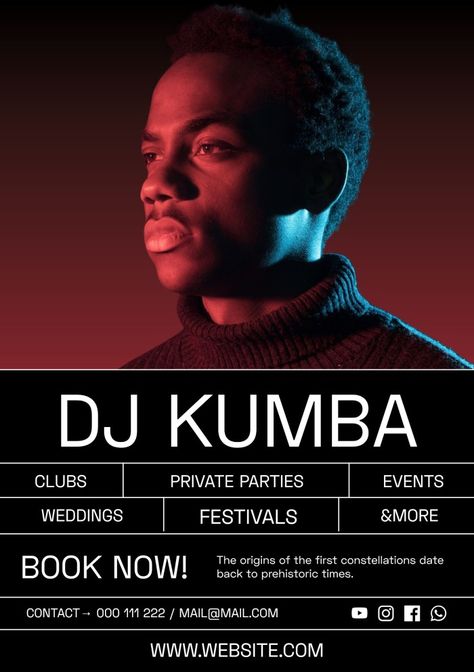 Professional DJ Kumba Booking Flyer Dj Flyers Creative, Dj Booking Flyer, Dj Booking Flyer Design, Dj Content Ideas, Dj Graphic Design, Dj Portfolio, Dj Party Poster, Dj Poster Design, Dj Branding