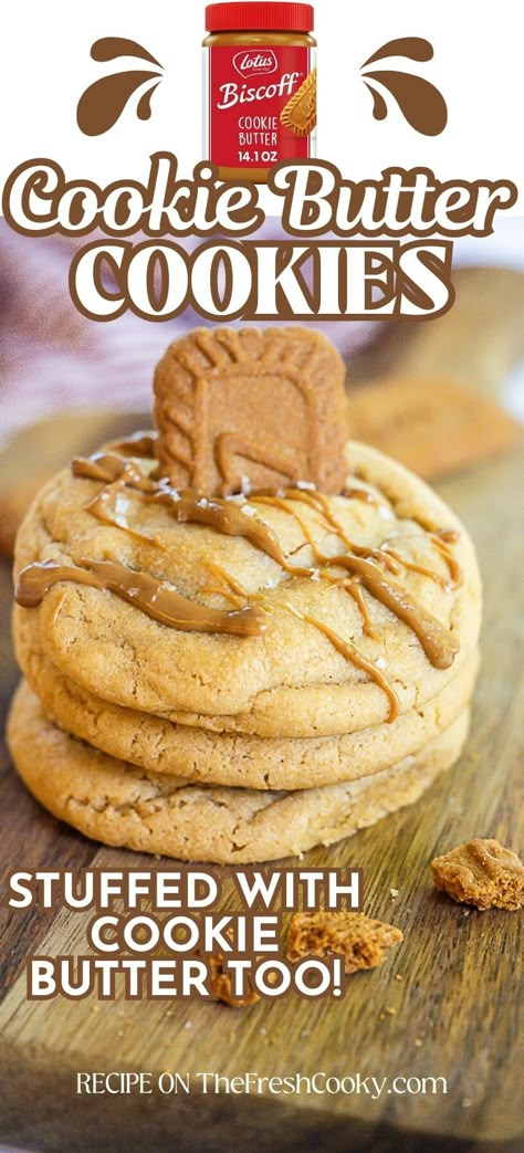 Stack of three soft and chewy cookies stuffed with cookie butter. Cookie Recipes Butterscotch, Christmas Cookie Butter Cookies, Recipes That Use A Lot Of Butter, Recipes Using Butter Extract, Cookie Butter Filled Cookies, Recipe With Cookie Butter, Biscoff Butter Cookies Recipe, Cookie Butter Stuffed Cookies, What To Eat With Cookie Butter