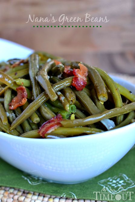 These are my Nana's Famous Green Beans!  One of the most requested recipes from my family - year-round! | MomOnTimeout.com Cracker Barrel Green Beans, Bbq Green Beans, Southern Fried Pork Chops, Thanksgiving Green Beans, Southern Style Green Beans, Smothered Green Beans, Crockpot Green Beans, Canned Green Beans, Oven Roasted Green Beans