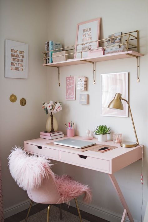 Girly desk setup with pink decor and functional shelving for a small space. Aesthetic Small Desk, Small Desk Setup, Pink Office Ideas, Girly Desk, Neat Desk, Space Saving Desk, Cute Office Decor, Feminine Home Offices, Feminine Home