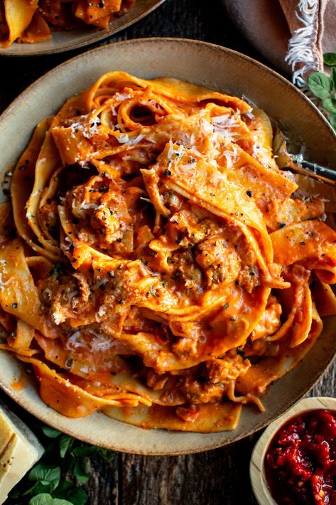 This creamy calabrian chili pappardelle comes together quickly with lots of flavor in the spicy sauce. It’s an ideal fall or winter pasta dish, completed by a hearty green salad and some fresh bread alongside. Winter Pasta Dishes, Sausage And Fennel, Winter Pasta, The Original Dish, Pasta And Sauce, Kale Caesar Salad, Calabrian Chili, Creamy Tomato Sauce, Sausage Pasta