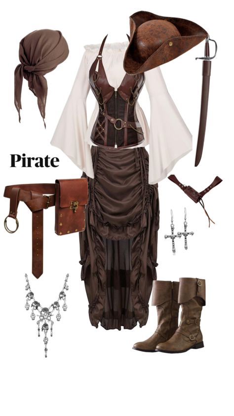 Pirate costume inspo Ren Fest Pirate Costume, Medival Outfits Halloween, Elizabeth Swann Pirate Outfit, Female Pirate Accessories, Pirate Costumes For Couples, Pirate Outfits Female Aesthetic, Pirate Costume Modest, Brown Pirate Costume, Pirate Wench Outfit