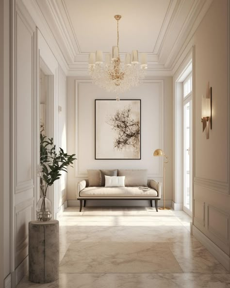 Modern French Entryway, Modern French Style Bedroom, Dream House Interior Living Rooms, Hallway Classic, French Style Home Interior, White Wall Room, Hall Design Interior, French Room Decor, Foyer Interior Design