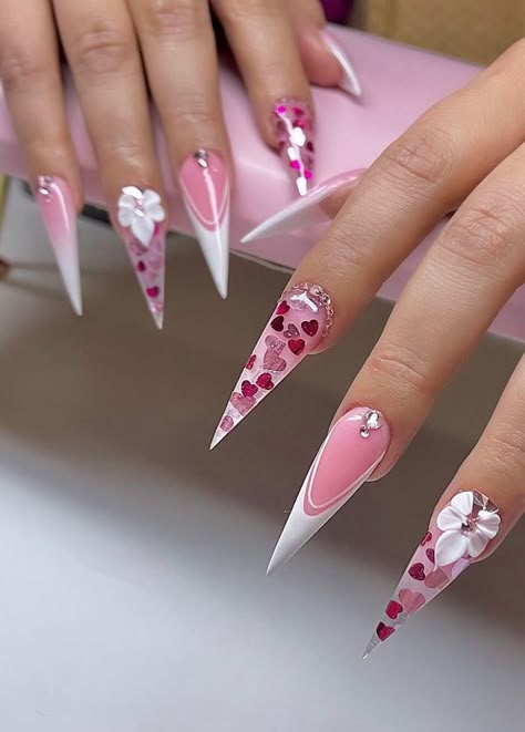 New Years Eve Nails Stiletto, Stiletto Nails February, Red French Tip Stiletto Nails, Valentines Nails Acrylic Simple, April Nails Short, Valentines Nails Stiletto, Short Freestyle Nails, Nails Acrylic Simple, Simple Valentines Nails