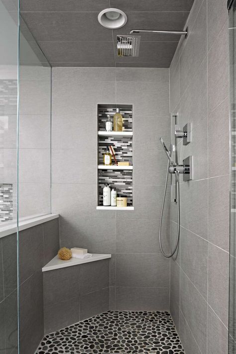 shower-gray-tile-built-in-shelves-4302a165 Small Shower Remodel, Bilik Air, Shower Tub Combination, Small Bathroom With Shower, Standing Shower, Bathroom Tub Shower, Bathroom Shower Design, Master Shower, Shower Seat