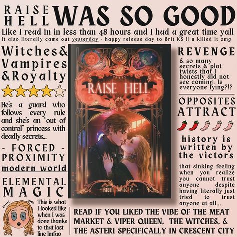 ✨RAISE HELL: ARC Review!!✨ is this going to work again? HULLOH ?? 😂 First, thank you so much to @britks_books for this arc!! Raise Hell, her debut novel, released *yesterday* which means it’s available right now !! if you want to pick it up (and on Kindle Unlimited, too!) I am a little biased, full disclosure, because I chatted a lot with Brit at the beginning of this journey and I already cannot believe how far she’s come 🥹 this book had everything I had hoped for from a reluctant allies ... Not In Love Ali Hazelwood Spicy Chapters, Stand Alone Fantasy Romance Books, All Hell Ever Be Book, Lesbian Books Novels, Lesbian Books For Adults Spicy, Plot Twist, When You Realize, Kindle Unlimited, Thank You So Much