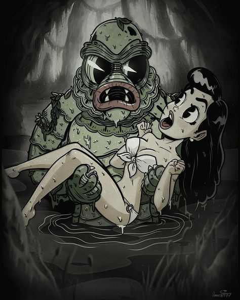 Spicy Donut on Instagram: “⚡⚡The creature from the black lagoon! This print inspired by the universal classic is available at @guzugallery through October and then in…” Horror Cartoon, Creature From The Black Lagoon, The Black Lagoon, Psy Art, Horror Movie Art, Horror Icons, Black Lagoon, Classic Monsters, Creature Feature