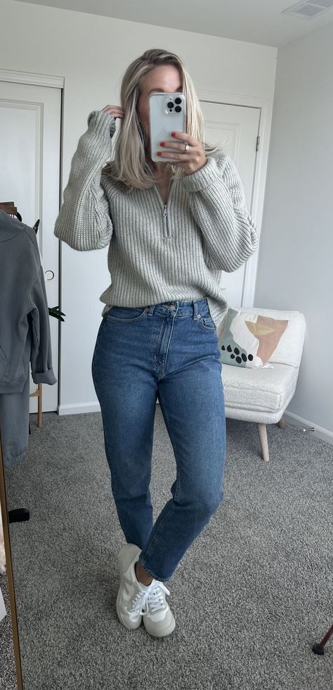 Spring Outfit Women 30s, Fashion Inspo Outfits Jeans, Casual Outfits 70 Degrees, Jeans With Sneakers Outfit Fall, Mom Style Fall 2023, Cute Knit Sweater Outfits, Relaxed Jeans Outfit Fall, Light Mom Jeans Outfit Winter, Zip Up Knit Sweater Outfit