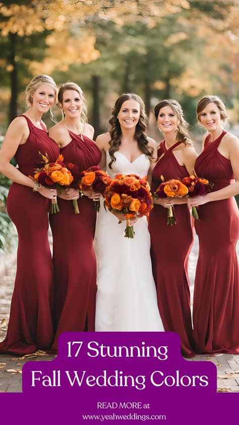 Stunning bridesmaids in a fall wedding featuring deep red, vibrant orange, and rich gold color palettes gowns and bouquets. October Wedding Palette, Orange And Maroon Wedding, Fall Wedding Colors November, Fall Red Wedding, Fall Wedding Bridesmaid Dresses, Black Tie Fall Wedding, Autumn Wedding Dresses, Deep Red Bridesmaid Dresses, Bridesmaid Dresses Floral