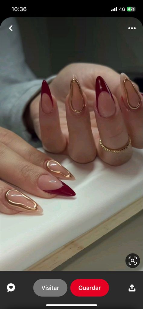 Maroon And Gold French Tip Nails, Red French With Gold Line, Berry Red Nails Art Designs, Oxblood Nails Acrylic, Red Gold French Tip Nails, Almond Nails Designs November, Thanksgiving Nails Maroon, Burgundy Nails With Gold Design, Glazed Nails French Tip