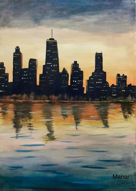 #sky #city #silhouettes #chicago #sea #sunset #sunsetpainting #oil #oilpaintings #reflection #skyscrapers#black Buildings Watercolor, Chicago Painting, City Scape Painting, Oil Pastel Landscape, Skyline Drawing, Background Laptop, Sunset Canvas Painting, Sky City, Skyline Painting