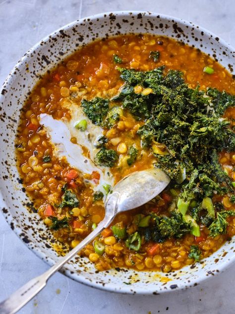 Coconut Red Lentil Soup (Esalen Ayurvedic Dal) Lentil Soups, Red Lentil Soup Recipe, 101 Cookbooks, Mediterranean Cookbook, Cabbage Soup Recipes, Ayurvedic Recipes, Coconut Milk Recipes, Lentil Soup Recipes, Dal Recipe