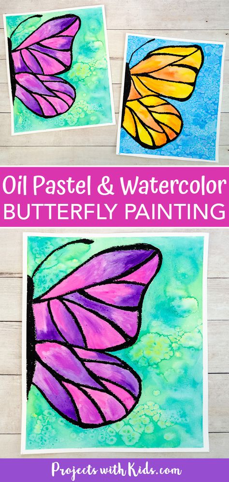 This beautiful watercolor butterfly painting combines oil pastels and watercolors. Kids will learn easy watercolor techniques to create this wow-worthy art! #projectswithkids #watercolorpainting #kidsart Butterfly Painting For Kids, Bunny Crafts For Kids, Oil Pastel And Watercolor, Spring Art Projects, 3rd Grade Art, Watercolor Butterfly, Classroom Art, Oil Pastel Art, Oil Pastel Drawings