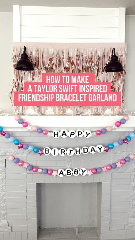 Abby Peek | How to make a Taylor Swift inspired friendship bracelet garland for your party or just for fun Swiftie home decor! Everything I used to… | Instagram Trunk Or Treat Ideas Taylor Swift, Taylor Swift Themed Trunk Or Treat, Taylor Swift Bday Decoration, Swiftie Trunk Or Treat, 22 Taylor Swift Bracelet, Taylor Swift Friendship Bracelet Garland, Friendship Bracelet Decor, Trunk Or Treat Taylor Swift, Diy Taylor Swift Birthday Decor