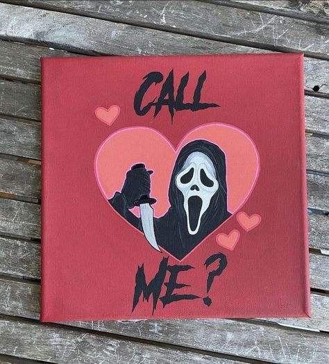 Addams Family Painting Ideas, Cute Scream Painting, Things To Paint On Canvas Easy Valentines, Cute Drawings Paintings, Skull Canvas Art, Big Simple Painting Ideas, Tony Canvas Painting Ideas, Small Valentines Paintings, Valentines Painting Aesthetic