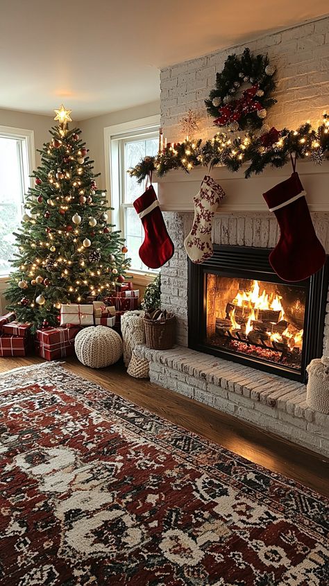 Cozy up this holiday season with a classic Christmas living room! 🎄✨ A glowing tree adorned with gold and red ornaments, paired with a crackling fireplace, sets the scene for warmth and joy. The knitted stockings and wrapped gifts enhance the festive vibe, while rustic decor adds a touch of elegance. Perfect for creating cherished memories! 🎁❤️  #christmas #holiday #decor #cozy #livingroom #fireplace #gifts #tree #festive #warmth Expensive Christmas Tree, Red And Gold Christmas Living Room, Christmas Decor Ideas For Living Room Red, Class Christmas Tree Ideas, Ottoman Christmas Decor, Cozy Christmas Living Room Ideas, Red And Gold Christmas Decor Living Room, Livingroom Christmas Decor, Christmas Living Room Background