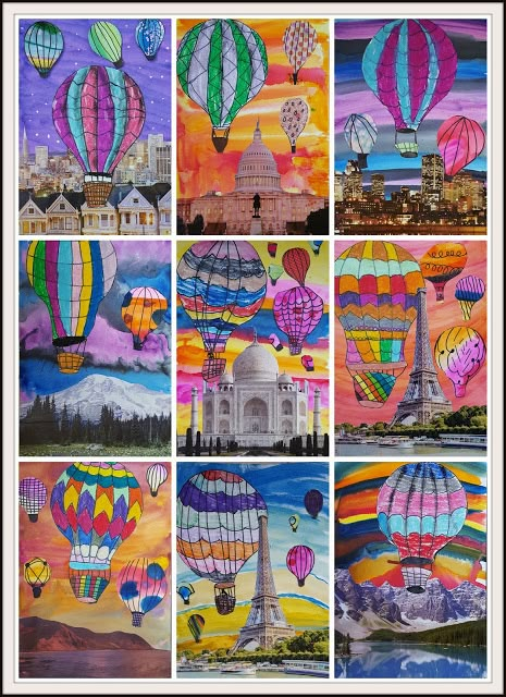 Art 2nd Grade, Hot Air Balloons Art, Classe D'art, Landscape Collage, 2nd Grade Art, 6th Grade Art, 4th Grade Art, 5th Grade Art, 3rd Grade Art