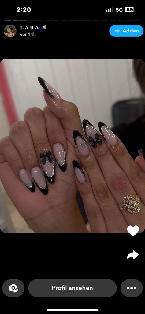 Black Nails With Evil Eye, Black French Nails With Charms, Black Tips Almond Nails, Black Nail Sets Almond, Black Almond Nails Designs Glitter, Nails Acrylic Almond Black, Black Nails Ideas Almond, Black Butterfly Nails, Cute Black Nails