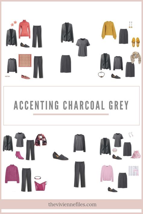 If, for some amazing reason, I ever quit wearing black ALL the time, I can easily picture replacing much of it with dark grey… I just love the way this looks, and the versatility that one would have with this limited number of pieces. One of the joys of having a neutral core in this … Charcoal Gray Outfit Color Combos, Charcoal Outfit Color Combos, Charcoal Gray Outfit, Charcoal Gray Pants Outfit, Grey Matching Colors Outfit, Charcoal Pants Outfit, Grey Pants Outfit, Wardrobe Plan, Charcoal Colour