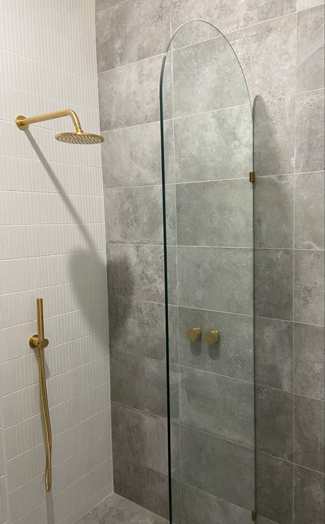 Ensuite style including kitkat tiles and brushed gold tap hardware Brass And Grey Bathroom, Grey Bathroom Gold Fixtures, Grey Bathroom With Gold Fixtures, Grey Gold Bathroom, Gold Bathroom Fixtures Grey Tiles, Grey And Gold Bathroom, Gold Bathroom Taps, Gold Tap Bathroom, Brushed Gold Bathroom Fixtures