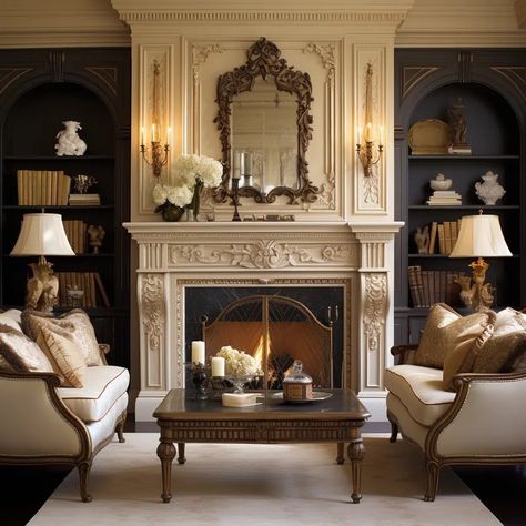 Book Case Next To Fireplace, Wall Shelves With Fireplace, Traditional Fireplace With Built Ins, Arch Built In Shelves Fireplace, Grand Fireplace Ideas Living Rooms, Fireplace Bookshelves Built In, Dark Academia Fireplace, Bookshelf Next To Fireplace, Luxury Fireplace Living Room