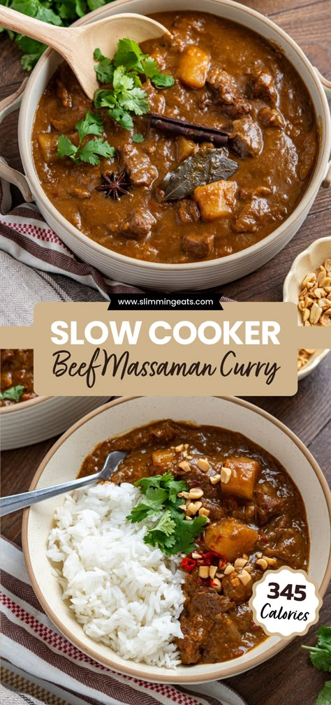 Slow Cooked Massaman Beef Curry, Healthy Massaman Curry, Slow Cooker Thai Beef Curry, Massaman Curry Beef, Slow Cooker Potato Curry, Curry Recipes Beef, Slow Cooker Massaman Curry Beef, Beef Massaman Curry Slow Cooker, Massaman Beef Curry