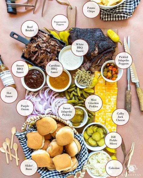 BBQ Charcuterie Board with small sliders for summer.  #charcuterieboard #bbqboard #sliders Bbq Charcuterie Board, Barbecue Sliders, Bbq Charcuterie, Bbq Sliders, Bbq Platter, White Bbq Sauce, Snack Boards, Charcuterie Ideas, Smoked Beef Brisket