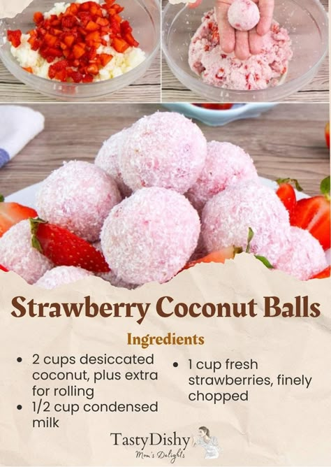 Coconut Strawberry Bliss Balls, Strawberry Coconut Balls, Coconut Balls Recipe, Cherry Balls, Cup Of Fruit, Savoury Bites, Bakery Inspiration, Fudge Flavors, Cookie Balls