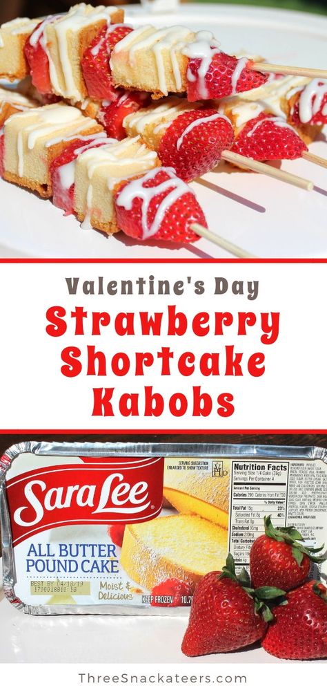 Strawberry Shortcake Kabobs are a perfect DIY treat for Valentine's Day. Fun and simple to make, all you need are strawberries, cake, icing and skewers. Click through for the easy recipe and lots of ideas for variations and substitutions (like brownies!)  #dessertkabob #shishkabob #valentinesrecipe #valentinesdessert #strawberrykbabob #strawberryshortcake Kabobs For Party, Fruit Kabobs For Party, Strawberry Kabobs, Strawberry Shortcake Kabobs, Dessert Kabobs, Strawberries Cake, Strawberry Brownies, Fruit Kabobs, Kabob Recipes