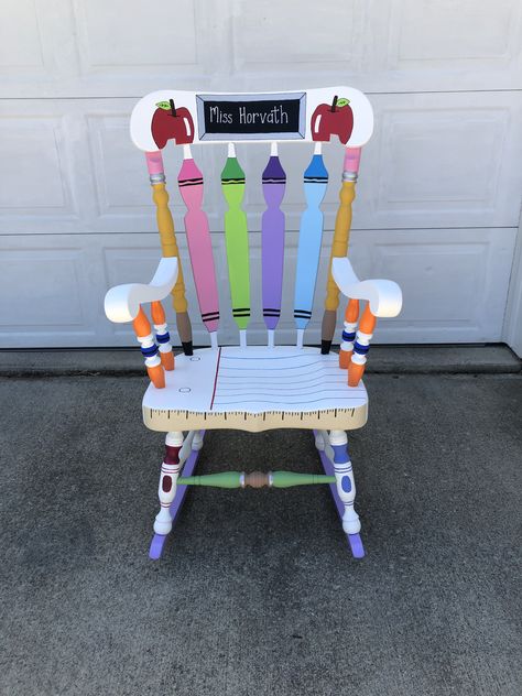 My diy teacher rocking chair for my classroom.  #teacherchair #diy #rockingchair Rocking Chair For Classroom, Rocking Chair Classroom, Painted Teacher Chair Classroom, Classroom Rocking Chair Diy, Teacher Chairs For Classroom Diy, Teacher Painted Rocking Chair, Teacher Chair Ideas, Teacher Rocking Chair Painted Diy, Diy Teacher Chair