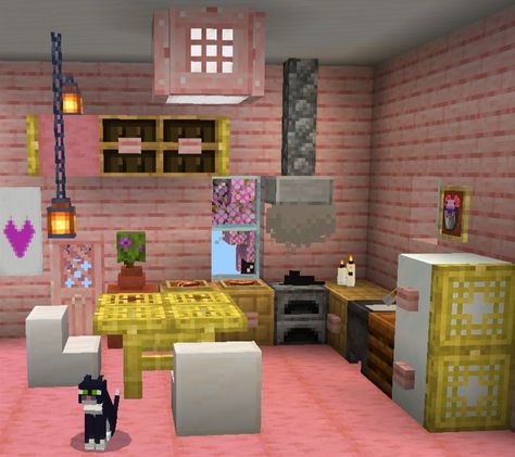 Fairy Kitchen Minecraft, Girly Minecraft Bedroom, Minecraft Pink Kitchen Ideas, Pink Room Minecraft, Pink Kitchen Minecraft, Cute Kitchen Minecraft, Pink Minecraft Kitchen, Minecraft Pink Interior, Casas Aesthetic Minecraft