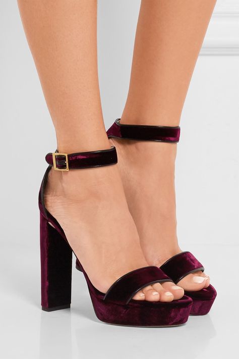 Jimmy Choo Holly Leather Trimmed Velvet Platform Sandals Velvet Accessories, Look Board, Jimmy Choo Bridal, Burgundy Heels, Look Books, Jimmy Choo Heels, Wedding Apparel, Velvet Heels, Strappy High Heels