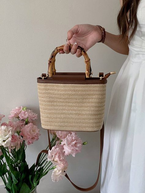 New Rattan Style Woven Handbag With Adjustable Shoulder Strap For TravelingI discovered amazing products on SHEIN.com, come check them out! Woven Handbags, Rattan Bag, Bird In Bag, Bag Bag, Kids Beachwear, Fashion Online Shop, Home Textile, Luggage Bags, Women Clothes Sale