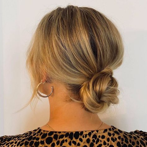 Low Pony Updo Medium Hair, Bridesmaid Low Bun Short Hair, Low Piecey Bun, Casual Low Updo, Low Updo Wedding Guest Hair, Low Bun Wedding Hair Minimal, Low Bun For Mid Length Hair, Low Bun Hairstyles For Medium Length Hair, Medium Length Updos For Wedding