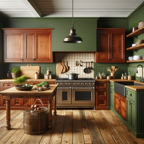 cherry kitchen cabinets with moss green walls Cherry Kitchen Cabinets, Green Kitchen Walls, Cherry Wood Kitchens, Kitchen Color Ideas, Cherry Wood Cabinets, Dark Green Kitchen, Honey Oak Cabinets, Brown Kitchen Cabinets, Cherry Kitchen