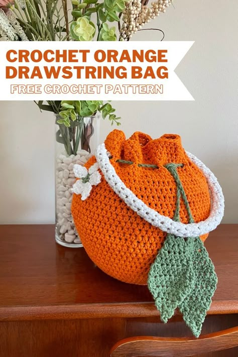 Summer Crochet Patterns Free, Bag Free Crochet Pattern, Crochet Orange, Purse Patterns Free, Crochet Drawstring Bag, Drawstring Bag Pattern, Knitting Bag Pattern, Summer Purse, Free Crochet Bag