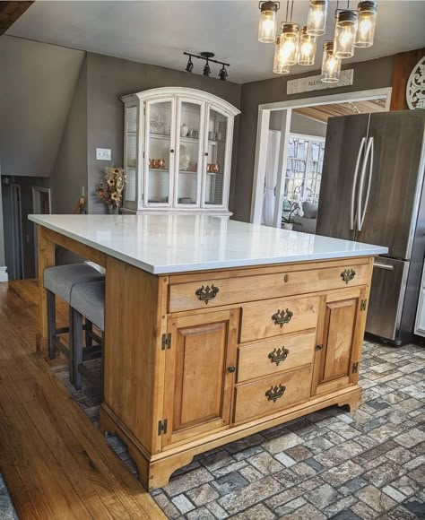 Kitchen Cabinets From Furniture, Dresser Converted To Kitchen Island, Old Dresser Into Kitchen Island, Dresser As Island Kitchens, Kitchen Island From Repurposed Furniture, Kitchen Island Repurposed Furniture, Kitchen Islands From Old Furniture, Repurposed Island Kitchen, Fyi Kitchen Island