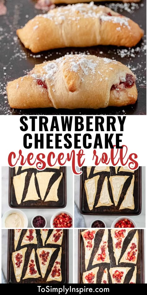 Cream Cheese And Jam Crescent Rolls, Valentine’s Day Crescent Rolls, Crescent Roll Potluck Recipes, Strawberry Cheesecake Roll Ups, Strawberry Croissant Dessert, Strawberry And Cream Croissant, Strawberry Cream Cheese Kolache, Croissant With Cream Cheese, Raspberry Cream Cheese Crescent Roll