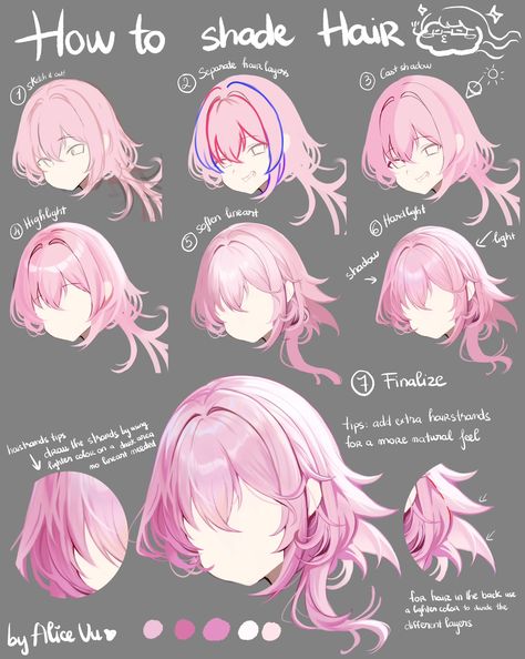 Shade Hair, Drawing Hair Tutorial, Anime Tutorial, How To Shade, Coloring Tutorial, Digital Painting Tutorials, Anime Hair, Anime Drawings Tutorials, Hair Painting