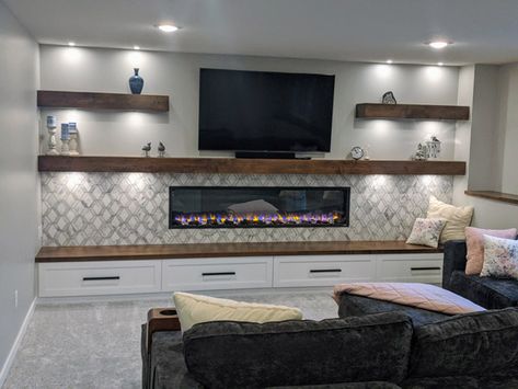 Adventurous: Nautical Contemporary | Basement Finish | Blaine, MN Build A Media Wall, Media Wall With Fireplace, Wall With Fireplace, Fireplace Gallery, Contemporary Basement, Basement Fireplace, Electric Fireplace Wall, Fireplace Entertainment Center, Living Tv