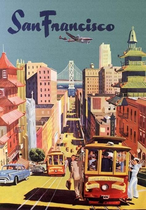 San Francisco travel poster. Old San Francisco, Vintage Airline Posters, California Postcard, Postal Vintage, Vintage Airline, Old Posters, Airline Travel, Vintage Airlines, San Francisco Travel