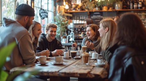 In the comforting ambience of a rustic café, a warm group of friends gathers around a wooden table. They are immersed in a lively discussion, their faces lit with smiles and laughter. The casual attire of the group suggests a relaxed outing, while cups of coffee and the intimate setting imply a close-knit camaraderie among them. The scene is a testament to the simple joys of companionship and conversation, framed by the charming décor of the coffee shop. Coffee Shop With Friends, Coffee Shop Friends, Friends Over, Friends Laughing Together, Friends Group Photos, Friends Coffee Shop, Coffee Shop Website, Friends Outing, Outing With Friends