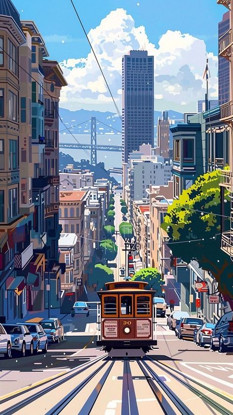 San Francisco Illustration Art, Cityscapes Drawing, City Scape Illustration, San Francisco Drawing, San Francisco Illustration, San Francisco Painting, San Francisco Wallpaper, San Francisco Architecture, Cityscape Illustration