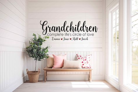 Grandkid Wall Ideas, Grandchildren Wall Ideas, Grandchildren Wall Display, Grandkids Picture Wall Ideas, Grandchildren Room Ideas, Grandkids Playroom At Grandmas, Nursery Ideas For Grandparents House, Grandkids Room At Grandmas, Grandkids Playroom