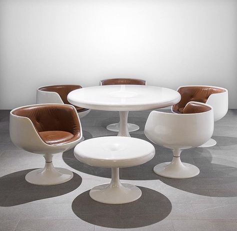 Eero Aarnio's “Cognac” chairs & “Kantarelli” table, Asko, Finland, 1968 60s Minimalism, Graphic Chair, 1960s Architecture, Futuristic Theme, Vintage Dining Set, Bubble Chair, Eero Aarnio, Home Goods Furniture, Early Adopters