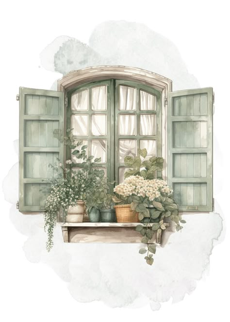 Paris Bookstore, Cottage Illustration, Cottage Windows, Watercolor Mural, Fantasy Shop, Window Drawing, Beautiful Flower Drawings, Pretty Wallpapers Tumblr, Wood Art Projects