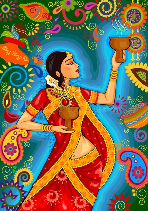 Indian woman doing dhunuchi dance of Bengal during Durga Puja Dussehra celebration in India vector illustration Dhunuchi Dance, Cherokee Indian Art, Dussehra Background, Decoration For Diwali, India Illustration, Diwali Painting, Dussehra Celebration, Diya Decoration, Dance Design